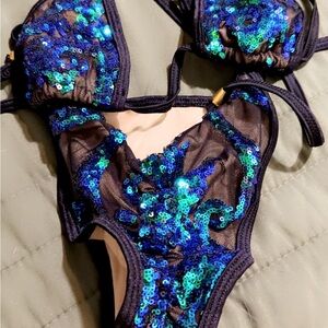 Blue & Green Sequin Mesh Bikini Set - Women
